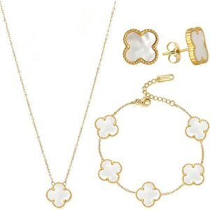 3Pcs 18k Gold-Plated Five-Leaf Flower Necklace Earrings Bracelet Jewelry Set For Woman Clover