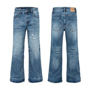 Blue Distressed Cat-Whisker Bamboo Texture Flared Jeans, Ripped High-Waisted Long Trousers