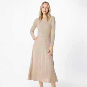 Long sleeved design with curved buttons heavy-duty elastic round neck mid east wind long dress