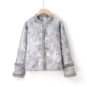 Women's New Chinese Style Elegant Embroidered Real Rabbit Fur Lined Cotton Coat Jacket