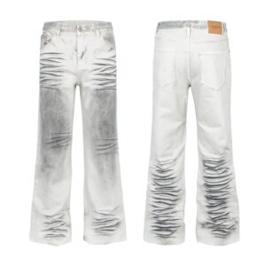 White Washed Cat-Whisker Distressed Flared Denim Pants, Loose Straight Leg Long Jeans