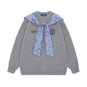 Plaid Shawl Collar Crewneck Sweater Casual Loose Knit Top