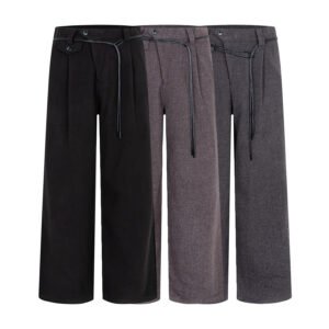 Preppy Style Linen-Textured Slant Placket Drawstring Trousers with Drapey Fit