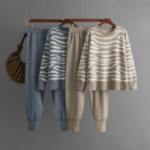 Autumn and Winter New Leopard Knitted , Small Leg Pants Two Piece Set