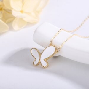 YUNLI Real 18K Gold Butterfly Pendant Necklace Natural Agate Stone Pure Solid AU750 Chain Fine Jewelry Gift for Women PE020