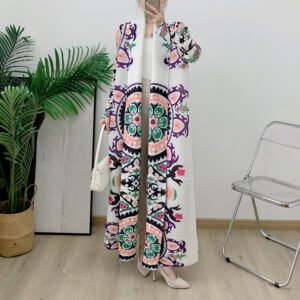 Muslim women's modern fashion Türkiye printed white casual large abaya cardigan gown