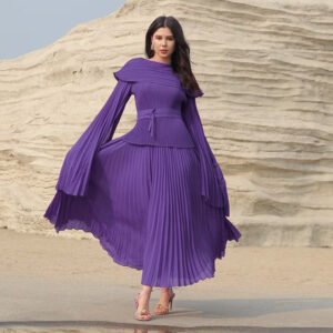 Fold slit solid color top+elastic waist long skirt set Middle East