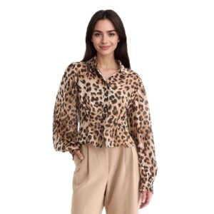 Leopard print lapel pleated waist cinching bubble long sleeved shirt
