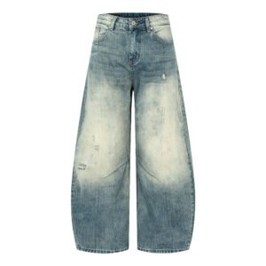 Retro Light Blue Distressed Bamboo Texture Knife Cut Denim Pants
