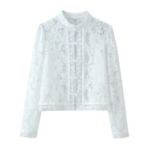 Buckle embellished lace crochet stand up collar slim fit shirt