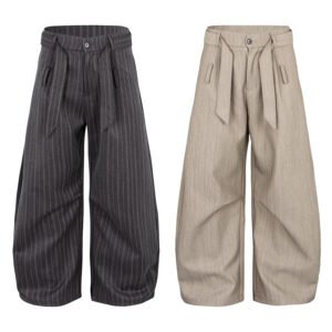 Classic Stripe Pleated Wide-Leg Tapered Trousers with Belt Detail,  Men's and Women's Pants