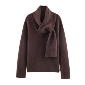 Casual Loose Ribbed Knit Scarf Neck Long Sleeve Pullover Sweater for Women