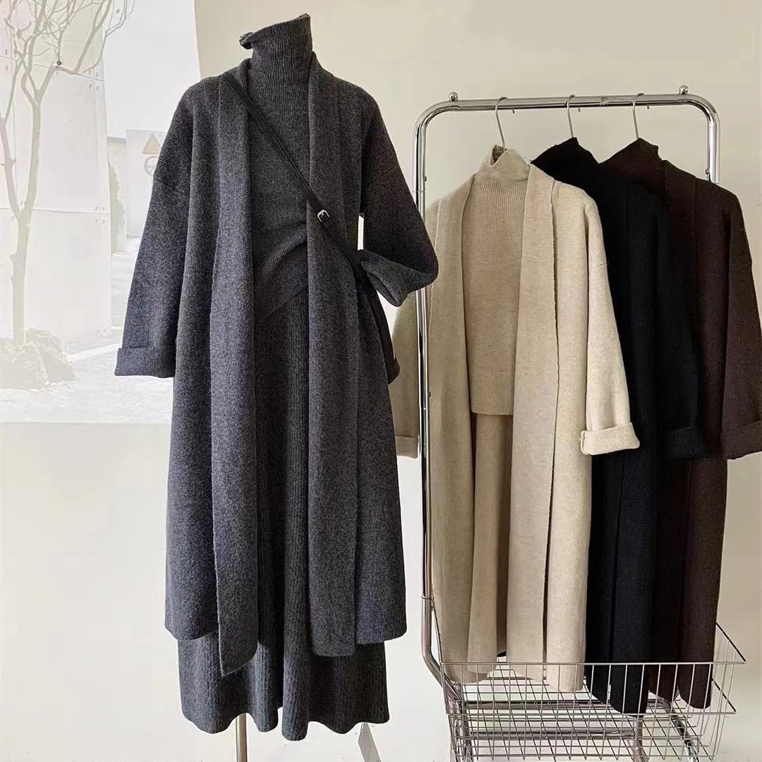 Lazy style sweater three piece set for autumn and winter half skirt long knitted sweater set for women