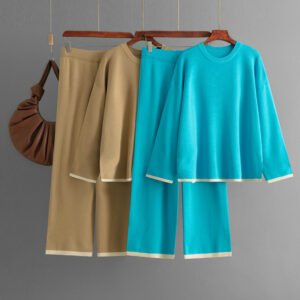 color sweater, wide leg pants, two-piece set