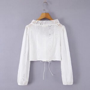 Hollow embroidery strap lantern sleeve white shirt