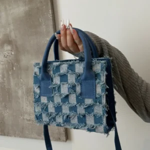 Raw Hem Checkered Denim Handbag