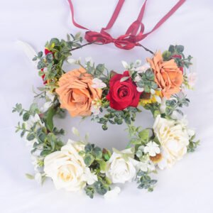 Simulated Rose Hairband Velvet Curled Edge Rose Green Leaf Flower Wreath Bridal Photo Flower Crown