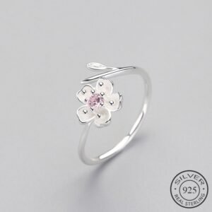 925 Sterling Silver Zircon Enamel Plum Flower Adjustable Ring Elegant Fine Jewelry For Women Romantic Party Bijoux