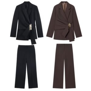 Buckle embellished suit jacket+straight leg pants set