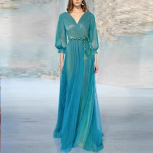 V-neck bubble middle sleeve pleated decorative waistband mesh dress