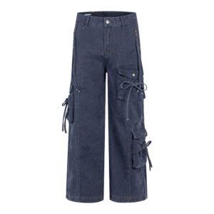 Style Spicy Girl Multi-Pocket Bow Drawstring Design Cargo Flared Jeans for Women