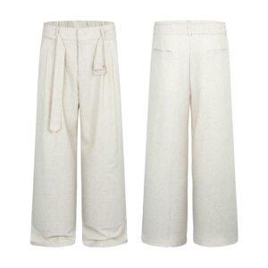 Chiffon Pleated Design Apricot Color Trousers with Belt Decoration Pants
