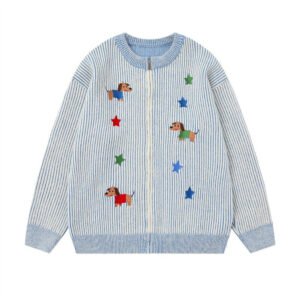 Cartoon Dog Embroidered Vertical Striped Knitted Coat