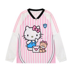 Hello Kitty Number Print V-Neck Color-Blocked Long Sleeve T-Shirt Mesh Hollow-Out Jersey Loose Top