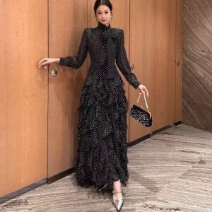 polka dot print waist cinched ruffle edge dress