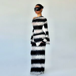 black and white striped asymmetrical sloping shoulder pile neck long sleeved dress for women