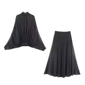 Polka dot bow shirt+long skirt