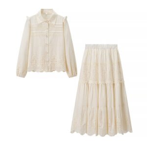 French retro hollow hook flower shirt top and skirt set