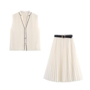 Color blocking trimmed pleated shirt+skirt set