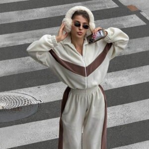 Fashion  Casual Sport Set Zip-Up Hoodie and Long Pants Two-Piece Set for Women