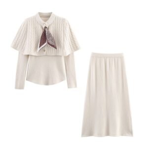 Women's Knit Three-Piece Set with Scarf Sleeve Top and Matching Pants