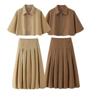 Short sleeved zipper top jacket+skirt set