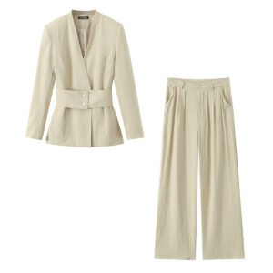 Tailored waist belt suit jacket+pants set